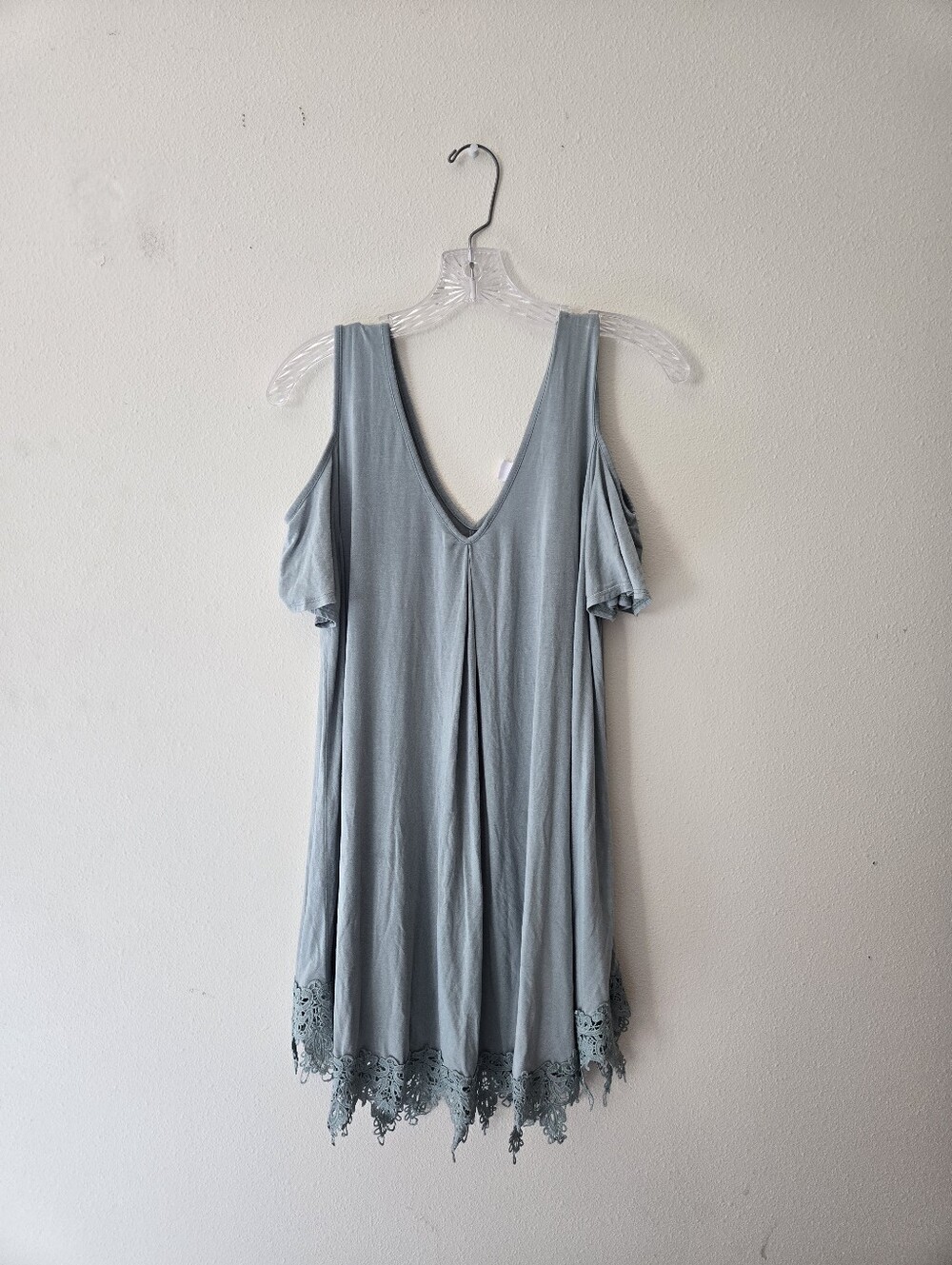 Light Blue Cold-Shoulder Swing Top with Lace Hem